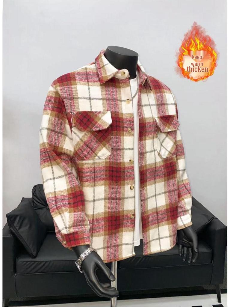 Men's Thickened Plaid Shirt Jacket with Lapel and Pockets - Autumn/Winter