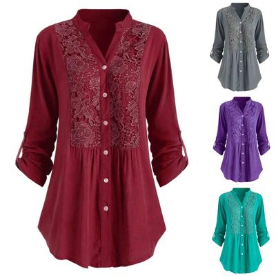 Women's Fashion Loose Casual Plus Size Lace V-Neck Button Down Long Sleeve Shirt