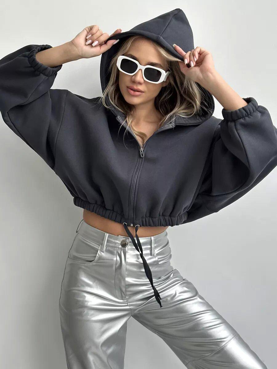 

Жіночий укорочений худі на блискавці з довгим рукавом - Повсякденна куртка Весна 2025, приталений крій L темно-сірий