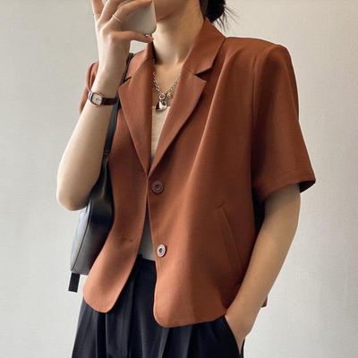 Summer Women Elegant Solid Suit Jackets Office Lady Short Sleeve Single Breasted Casual Blazer Casual Coat