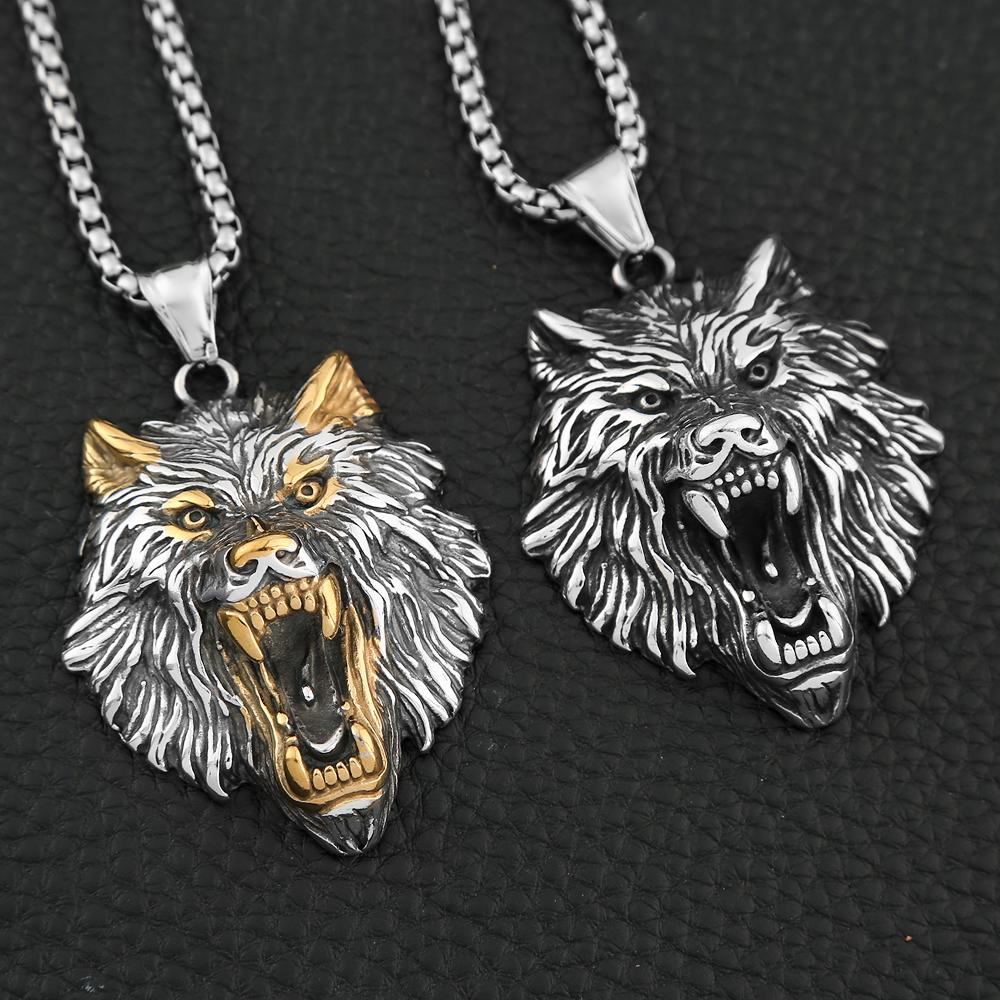 Vintage Nordic Mythology Odin Wolf Pendant Necklace For Men Stainless Steel Viking Fenrir Necklaces Amulet Jewelry
