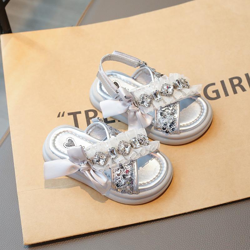 

Girls Summer Shiny Crystal Princess Sandals Two-Way Open Toe Beach Slides Flat Slippers Size 26 серебряный