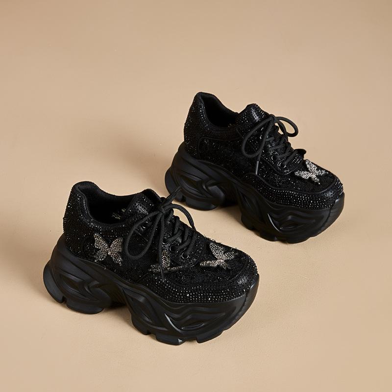 Inner Height Increase Thick Sole Super Fire Explosion Butterfly Single Net Rhinestone Dad Shoes Women's Spring 2025 New Casual Shoes Tide