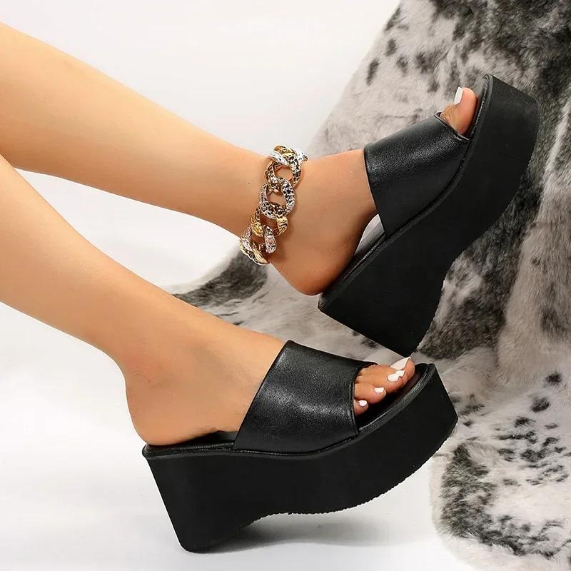 Fashion Chunky Platform Sandals Women Fashion Black PU Leather Wedge Slippers for Woman 2025 Summer Thick Bottom Slides Plus Size