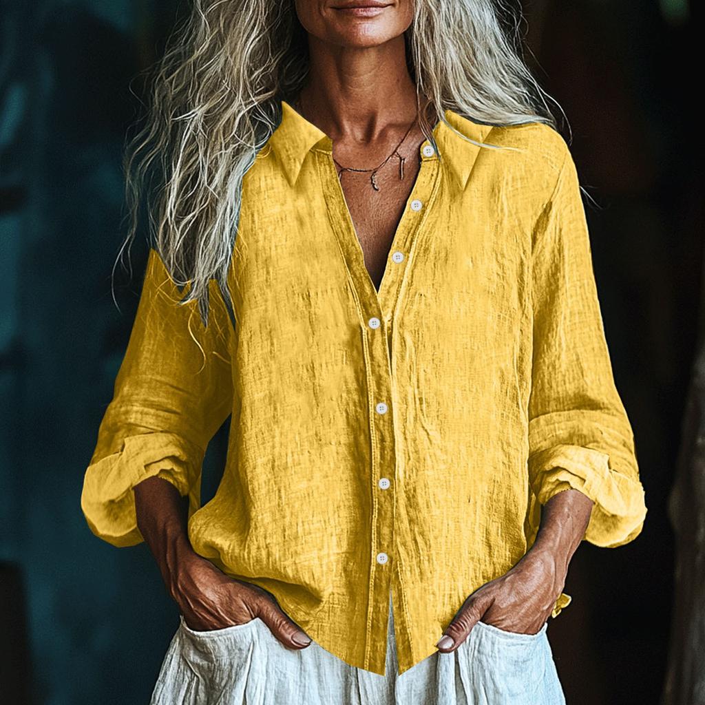 Women's Fashionable And Casual Solid-color Long-sleeved Cotton And Linen Shirt Top