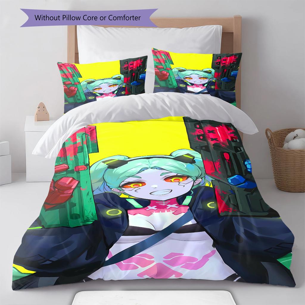 Cyberpunk Edgerunner Muster Bettwäsche, Steppbett Set Bettbezug Kissenbezug Zuhause Geburtstagsgeschenk (1 Bettbezug + 2 Kissenbezüge, ohne Füllung)