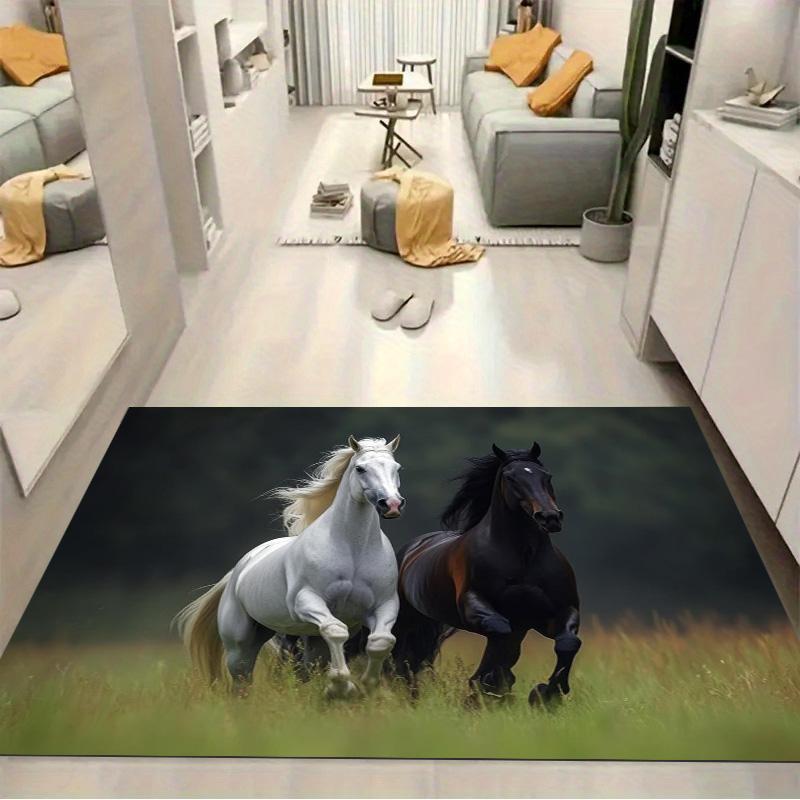 Black And White Running Horses Grassland Oil Painting Area Rug Wildlife Animal Non Slip Rectangular Floor Mat Horse Lover Gaming Bedroom Decor Rug