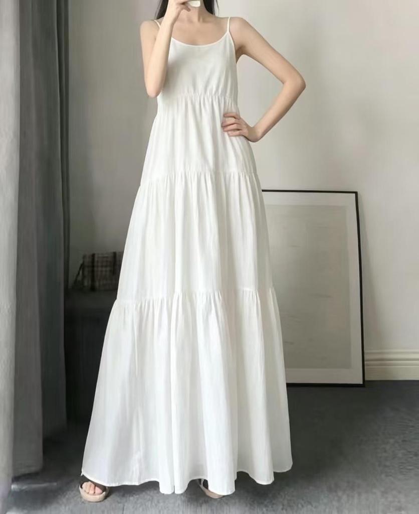 Maxi Abito con Spalline Sottili Stile Coreano Taglie Forti - Donna Snellente Estivo Lungo Fino alla Caviglia