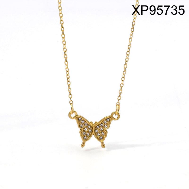 Gold Heart & Butterfly Pendant Necklace - Women's Versatile Titanium Steel Charm Chain