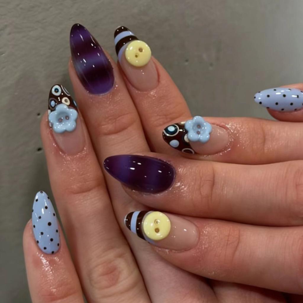 24PCS Colorful Stripes Y2k Almond Press on Nails Summer Yellow French Acrylic Nails Sweet Cool Silver Polka Dots Star Fake Nails