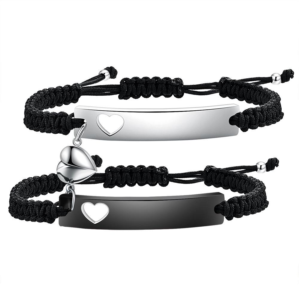 European  American Style 10MM Laser-Engravable Couple Heart Magnetic Buckle Bracelet Set