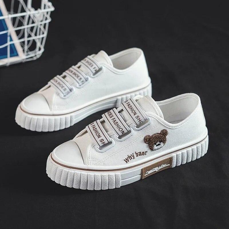 Boty pro ženy Výšivka Medvěd Plátěné Boty Dámské Studentský Trend Sportovní Ležérní Platforma Vulkanizované boty Plochá obuv