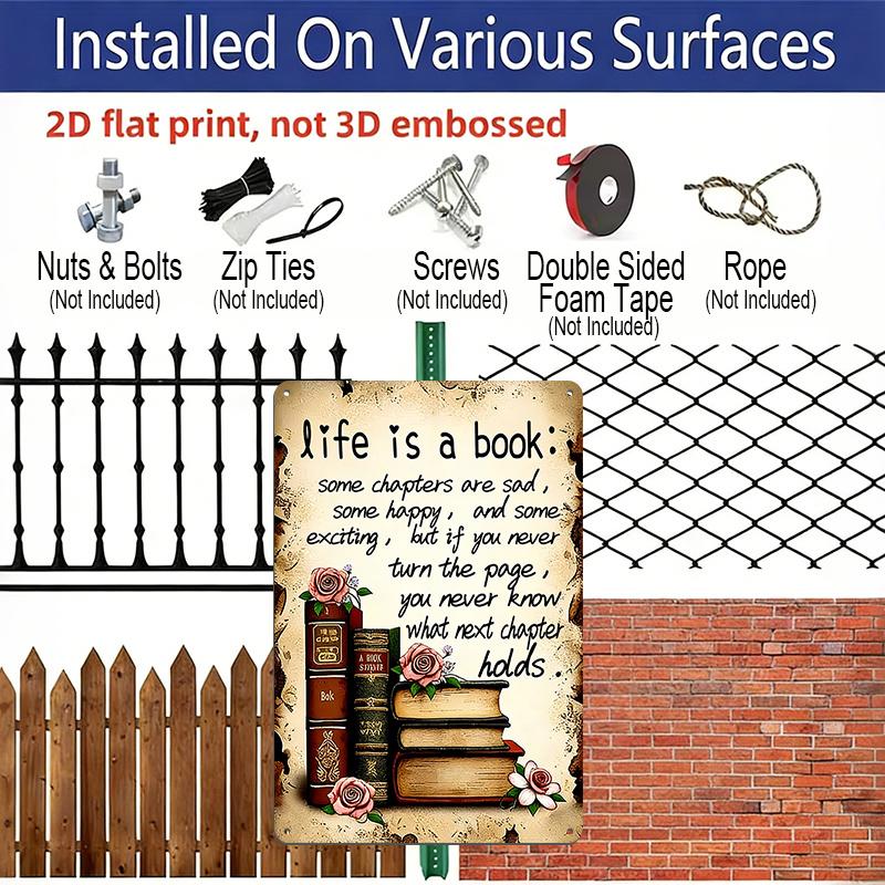 2D Flat, 1pc Vintage Inspirational Aluminium Sign "Life Is A Book" - 8"x12" Rustic Home & Library Decor, Motivational Wall Art Gift