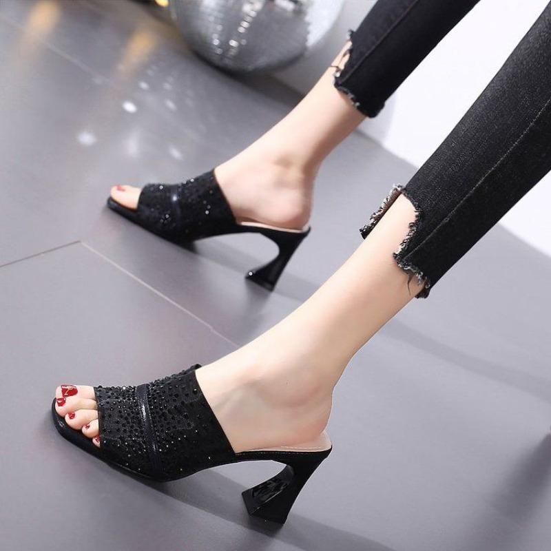 Fashion Mesh Heeled Shoes Open Toe Rhinestone Women's Slippers and Ladies Sandals Chic Elegant 2025 Trend Easy Wears New Style 39 Slides