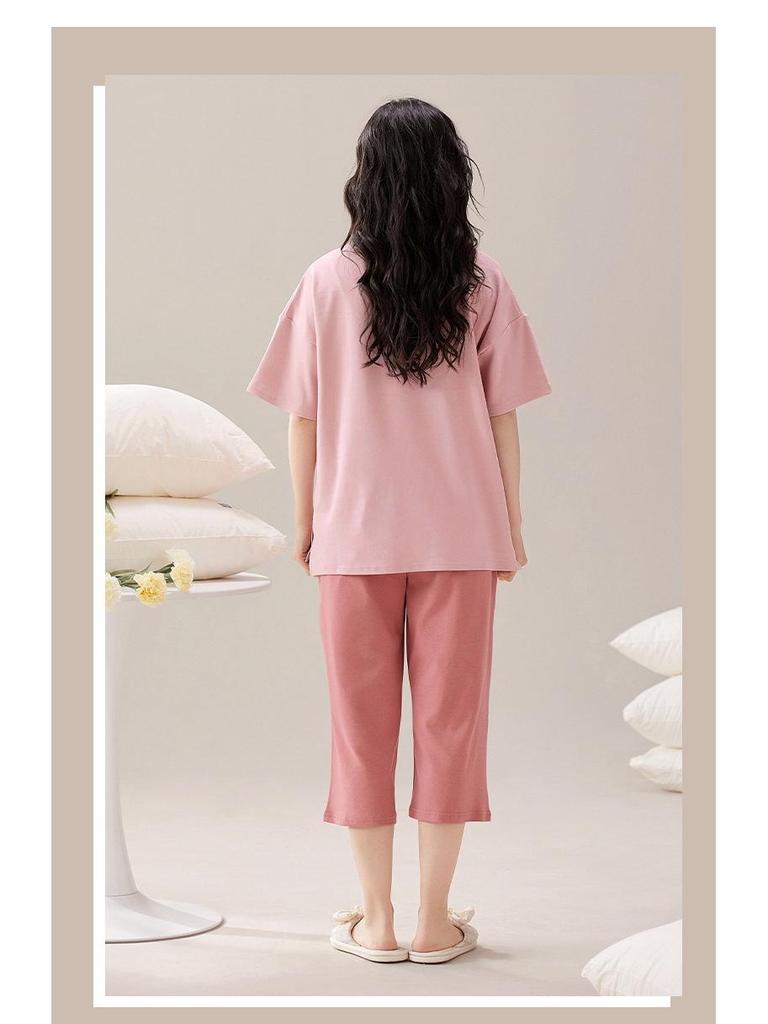 2025 Women's Summer Capri Pajama Set: Short-Sleeve, Thin Cotton with Breast Pads, Versatile for Home or Outside Wear