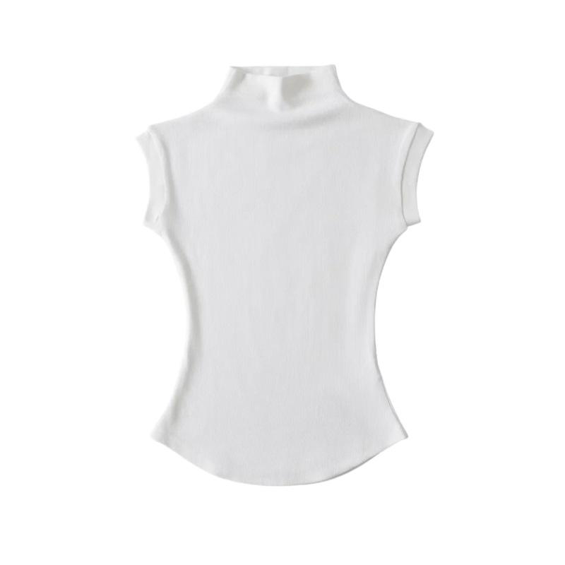 Women's Mock Neck Cap Sleeve Tank Top Slim Fit Y2K Solid Curved Hem Cotton Blend Cami Top