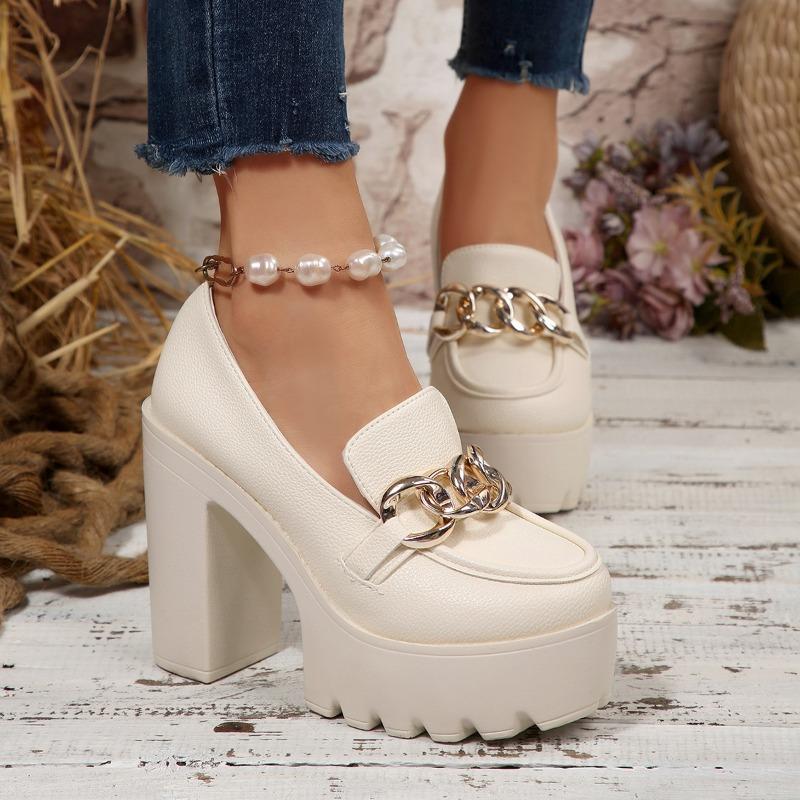 Neu eingetroffen Herbst Damen klobige High Heel Pumps mit Metallkette, Übergröße Professionelle Kleiderschuhe 41 beige