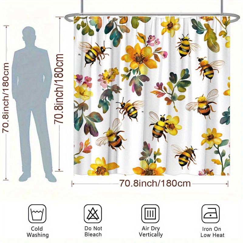 1pc Watercolor Bees & Flowers Shower Curtain - Playful Light Design, Polyester, 70.8x70.8 Inches, 12 Hooks, Bathtub Decor