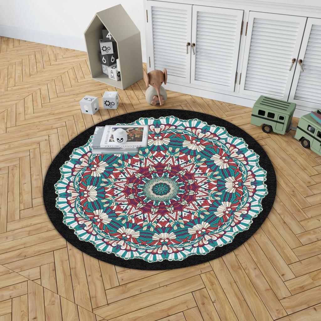 Geometric Round Rug – Bohemian Artistic Floor Mat in Rich Colors for Bedroom or Living Room