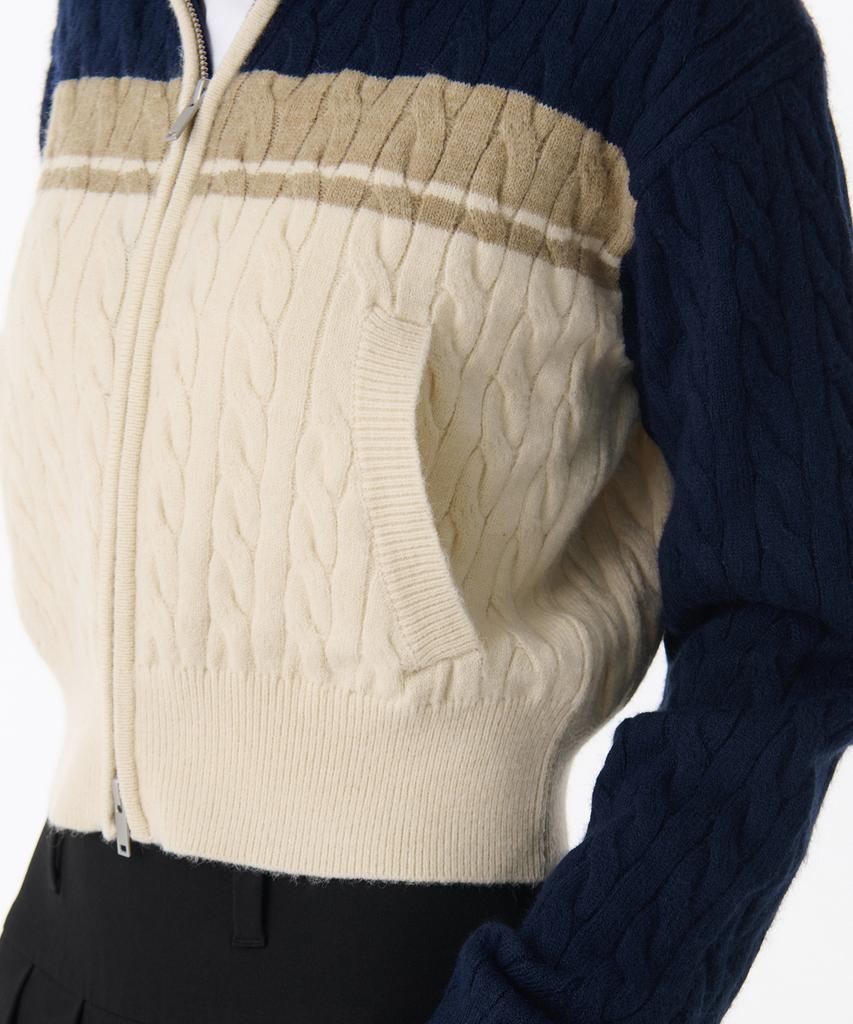 MUSINSA STANDARD WOMAN Women'S Color Block Cable Knit Zip-Up [Navy]