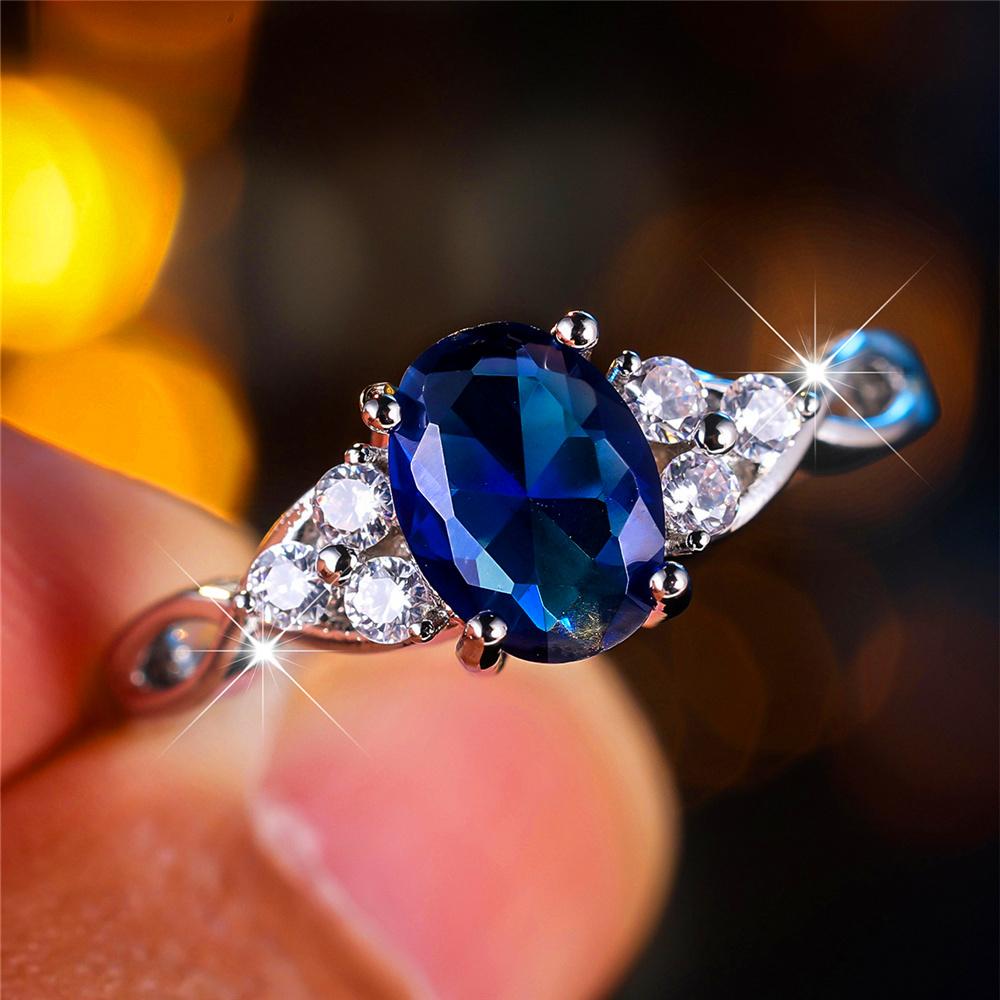 Luxuriöser blauer Zirkonstein Ovaler Fingerring Silberfarben Vintage Ehering Brautschmuck für Damen