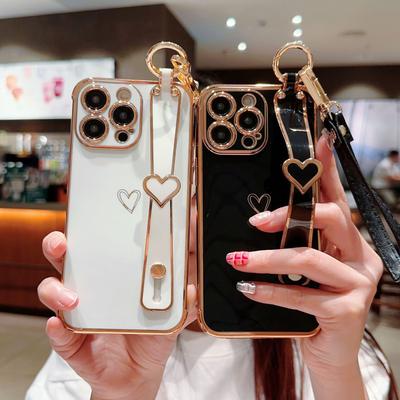 Galvanisiertes Liebesherz für IPhone16 Promax Armbandhalter für Apple 15 Einfache Schutzhülle mit Lanyard