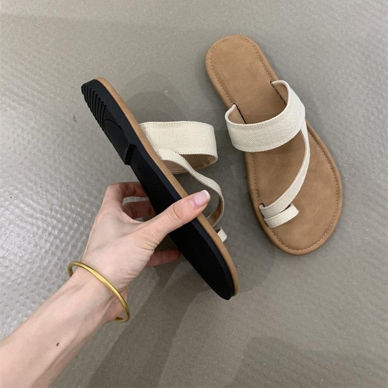 Set Zehenrömersandalen 2025 Sommer Koreanische Version Ins-Stil Leinenzehen Urlaub Strand flache coole Hausschuhe Damen