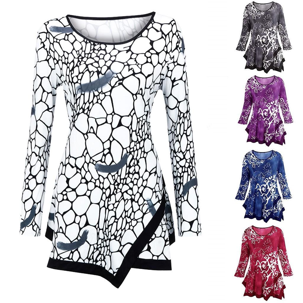OSTELY Womens O-Neck Print Long Sleeve Blouse Shirt Pullover Irregular Hem Tops OSTELY Womens O-Neck Print Long Sleeve Blouse Shirt Pullover Irregular Hem Tops