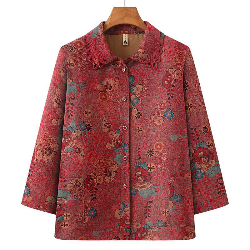 Stylish Summer Shirts for Elderly Women: Loose Lapel Cardigan & Grandma Style Tops 3XL - 120-135 lbs красный