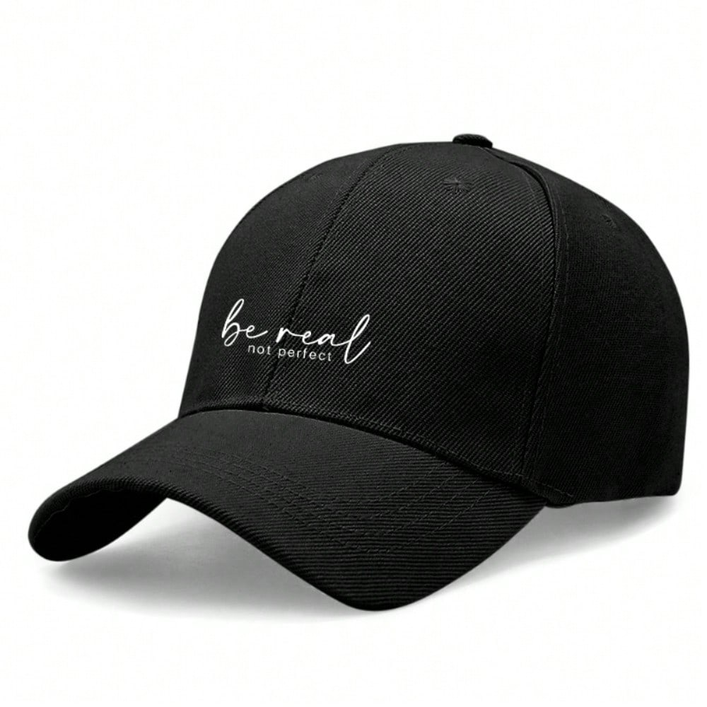 Minimalist Olive Green Baseball Cap, Be Real Not Perfect Print, polyester curved brim. Adjustable breathable dad sun hat for daily casual wear чёрный