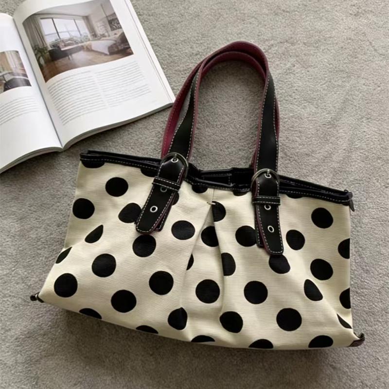 Champagne-colored Polka Dot Tote Bag Belt Buckle Decoration Large Capacity Handbag Stylish Satin Pleated Women s Shoulder Bag