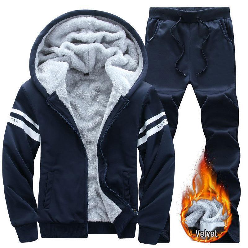 

Men s Plus Size Fleece-Lined Hoodie & Jogger Set - Autumn Sportswear Loose Fit 2XL темно-синього кольору