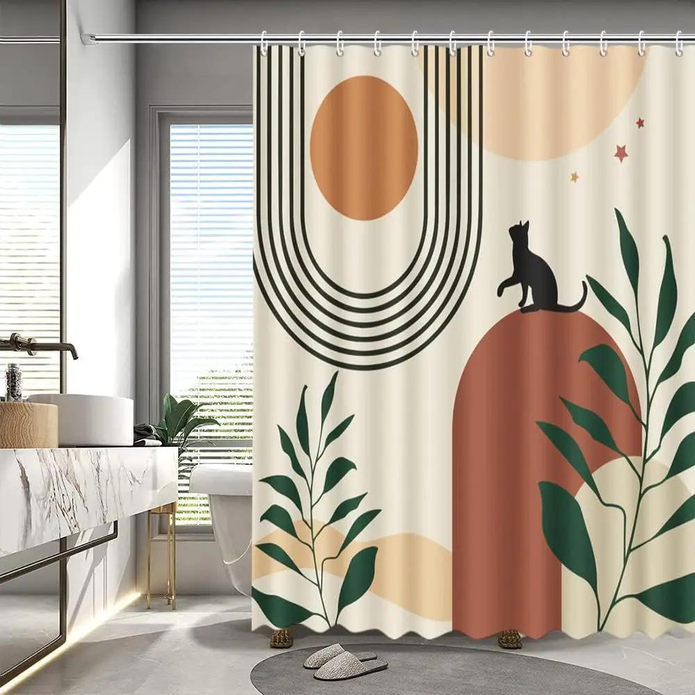 Abstract Bohemian Shower Curtain Mid Century Arches Sun Leaves Modern Simple Aesthetic Lines Geometric Decorative Shower Curtain