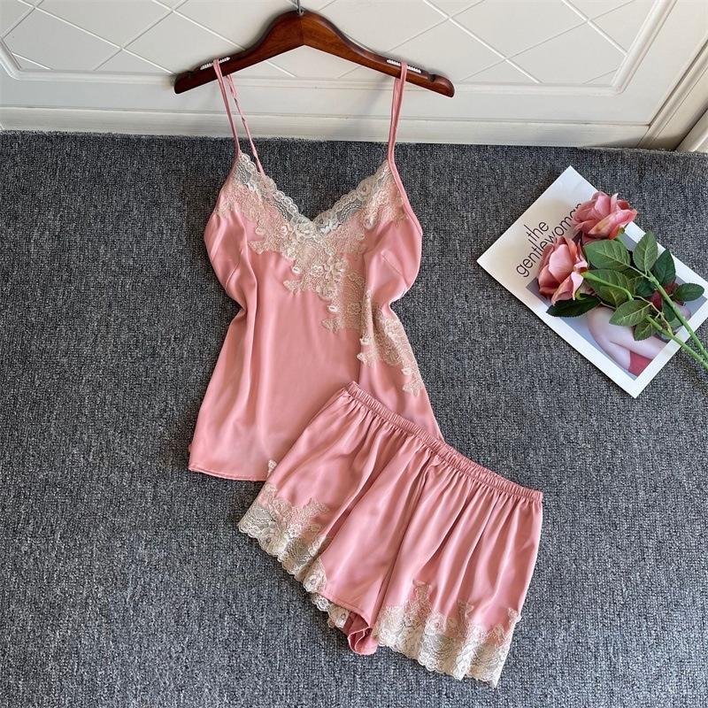 Japanese sexy suspender pajamas women's shorts two-piece set lace lace thin summer ice silk new loungewear