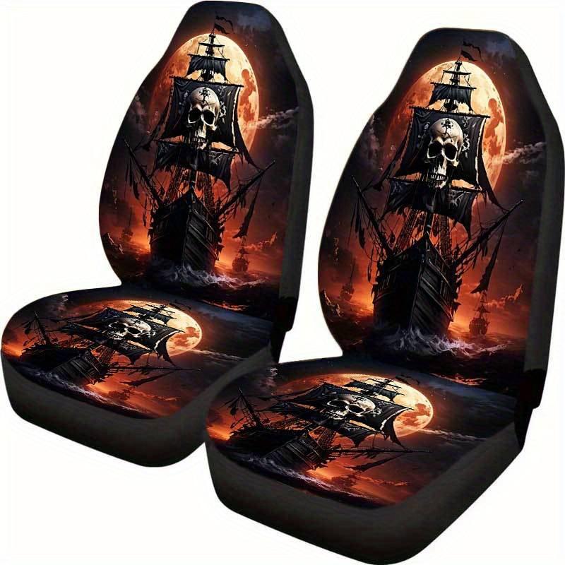 2pcs Skeleton Pirate Ship Skull Design Car Seat Covers Gothic Halloween Car Accessories, Premium Breathable Fabric