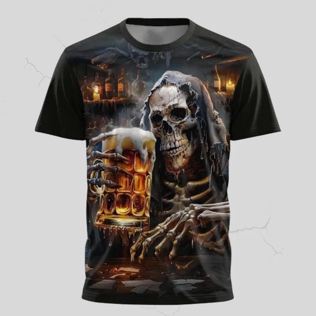Skeleton Beer Mug Bar Scene 3D Print Unisex Dark T-Shirt Halloween