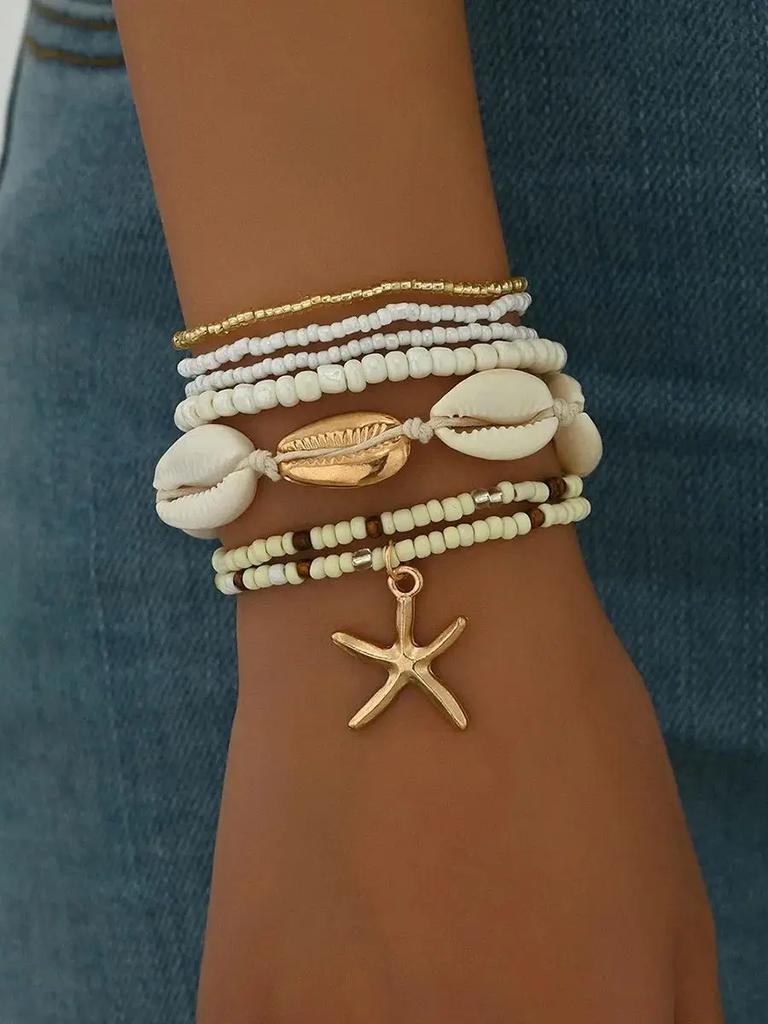 7Pcs/Set Summer Starfish Bracelet Set For Women Shell Rice Beads Elastic Chain Bangle Girls Bohemia Beach Jewelry Accessories