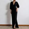 Abito Maxi da Donna Scollo a V Manica a Tre Quarti Vestibilità Aderente Vita Alta Elegante Monocolore Wrap Maxi Dress
