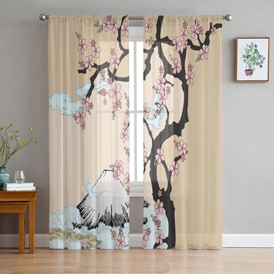 Japanese Mount Fuji Sakura Tree Flower Tulle Window Curtains Living Room Organza Sheer Voile Curtain Bedroom Kitchen Home Decor