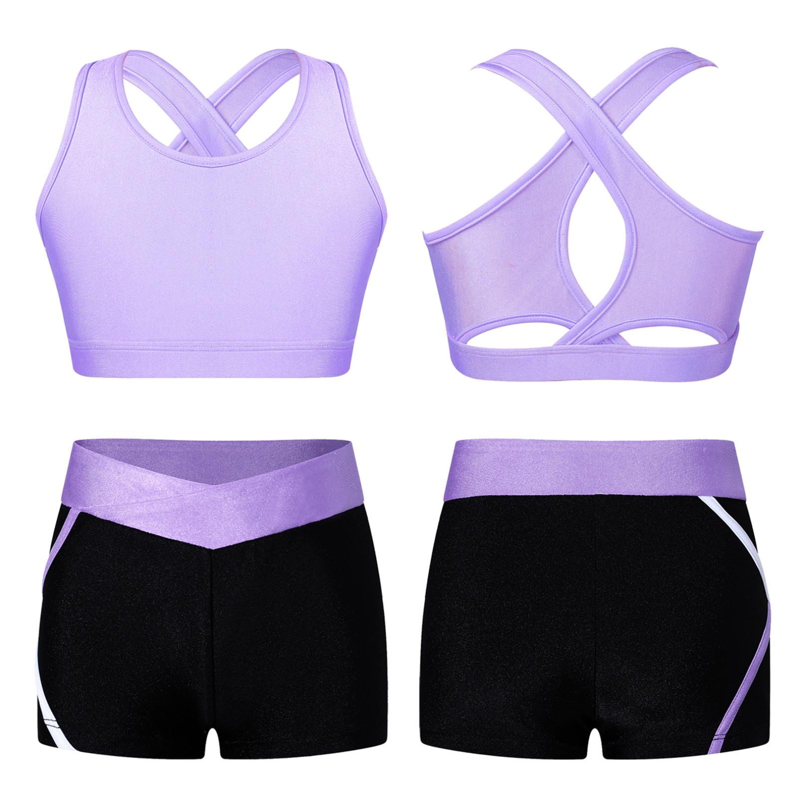 Inhzoy Meisjesbikinitankiniset Tanktop + shorts Tweedelig sportpak Sportkleding Kinderballetshirt Sportset Danskleding 13-14 Years lavendel