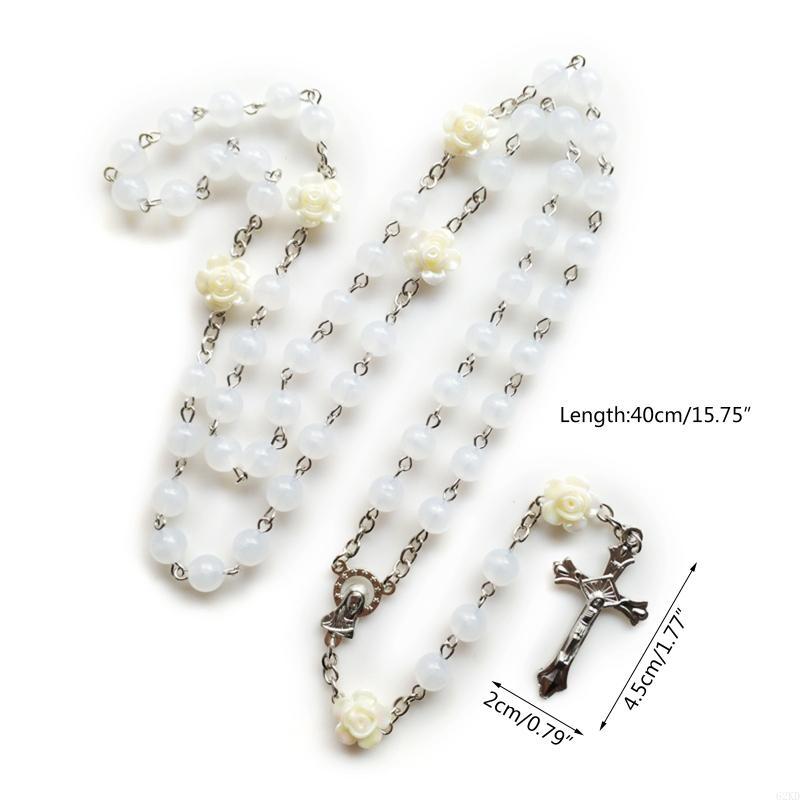 62KD 8mm Rosary Beads Flower Luminous Necklace with Jesus Crucifix for Cross Pendant Necklaces Glow in Dark Religious Jewelry