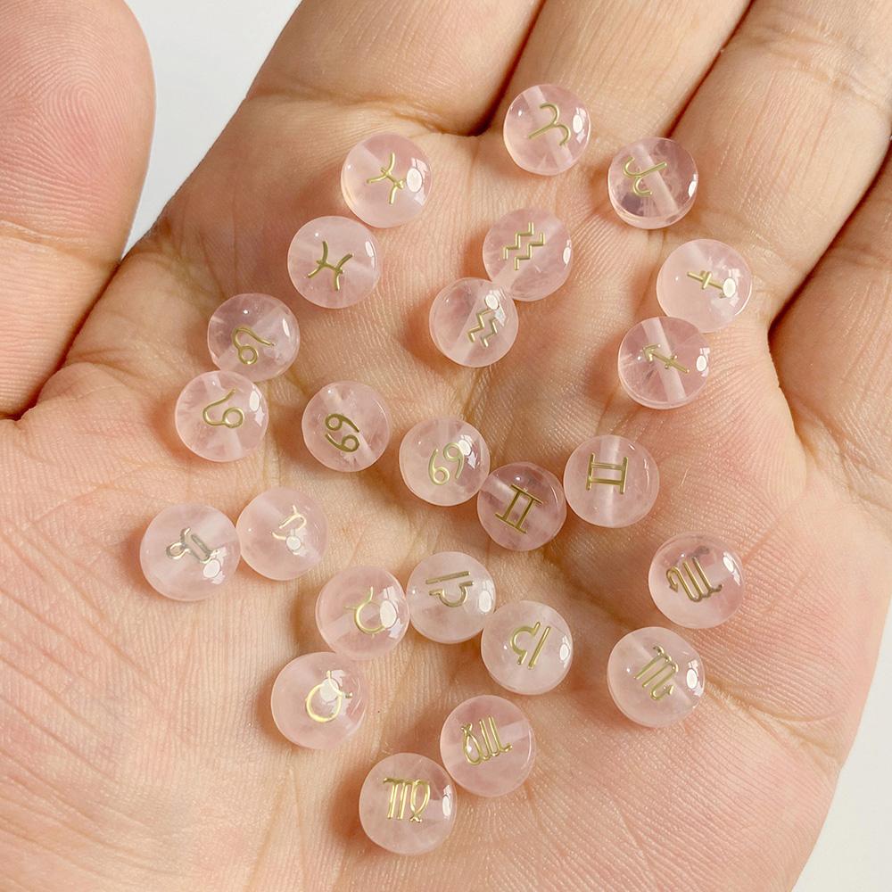 5pcs 8MM Pink Natural Rose Quartz Flat Round 12 zodiac signs constellation Stone Charms For DIY Making Jewelry