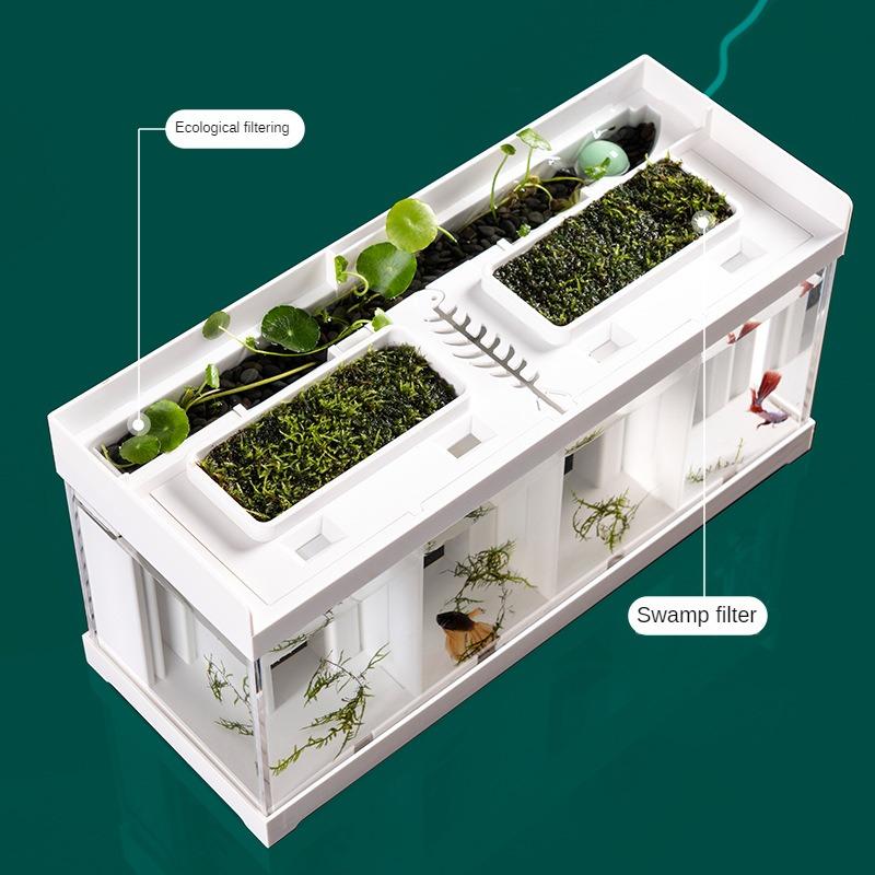 კრეატიული აკრილის მაგიდის ეკოლოგიური თევზის ავზი ფილტრით, არ საჭიროებს წყლის გაცვლას და სპეციალური საიზოლაციო ვედრო თევზის ავზი შუქით