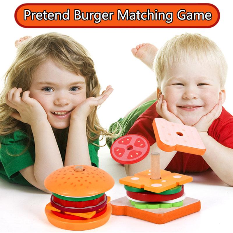 Montessori Hamburg Sandwich Stacking Wooden Toys With Order Cards Preschool Education Fine Motor Skills Interaction Simulation