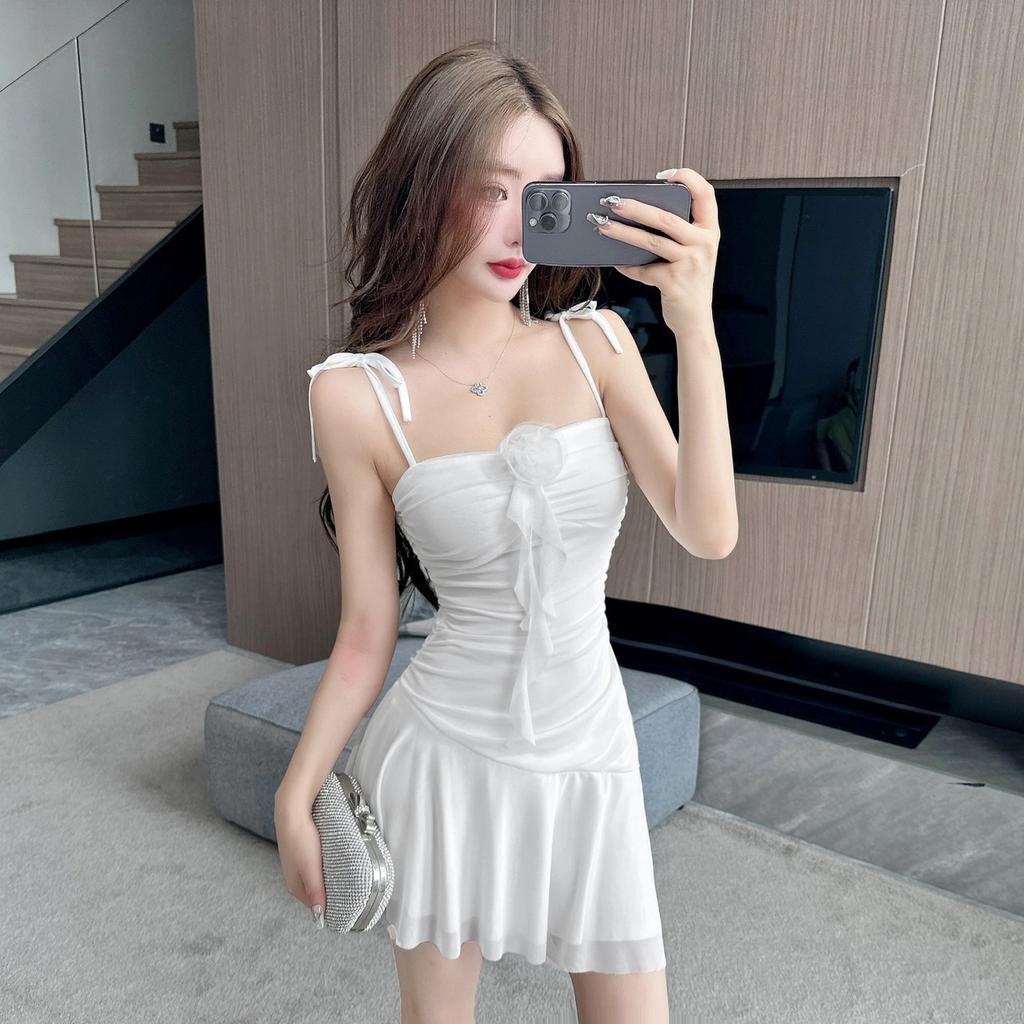 Sexy celebrity low-cut pleated flower splicing sleeveless suspender skirt sexy temperament backless ruffle edge slim skirt