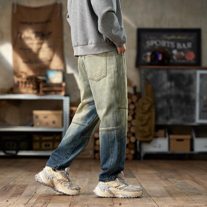 High street tooling trend heavy men's jeans American retro old trousers loose gradual change denim casual trousers