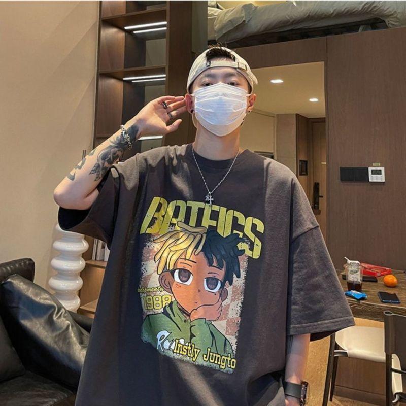 100% Cotton Ins American Style Half-sleeved T-shirt Men Short-sleeved Loose Trend Large Size Five-quarter-sleeved T-shirt Men