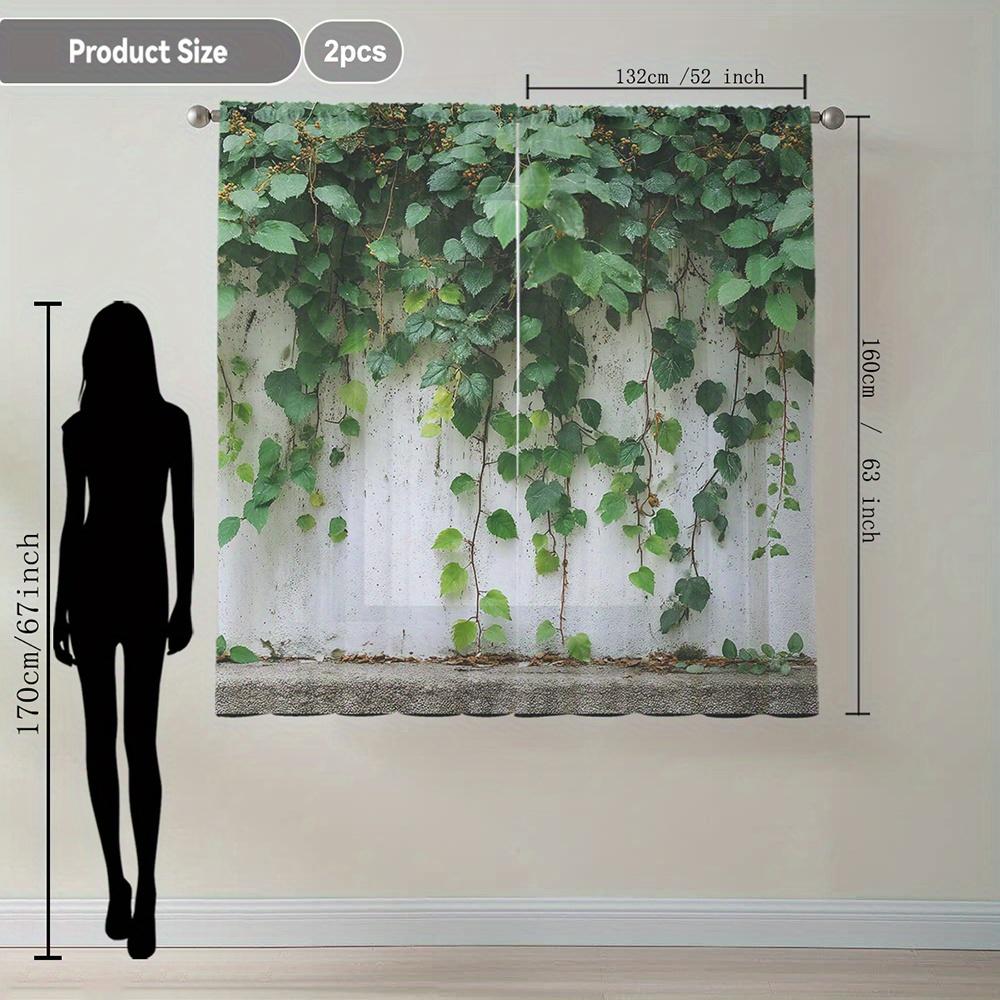 Green Ivy Vine Sheer Curtains Set of 2 Rod Pocket Realistic Leaf Print for Living Room Bedroom Decor