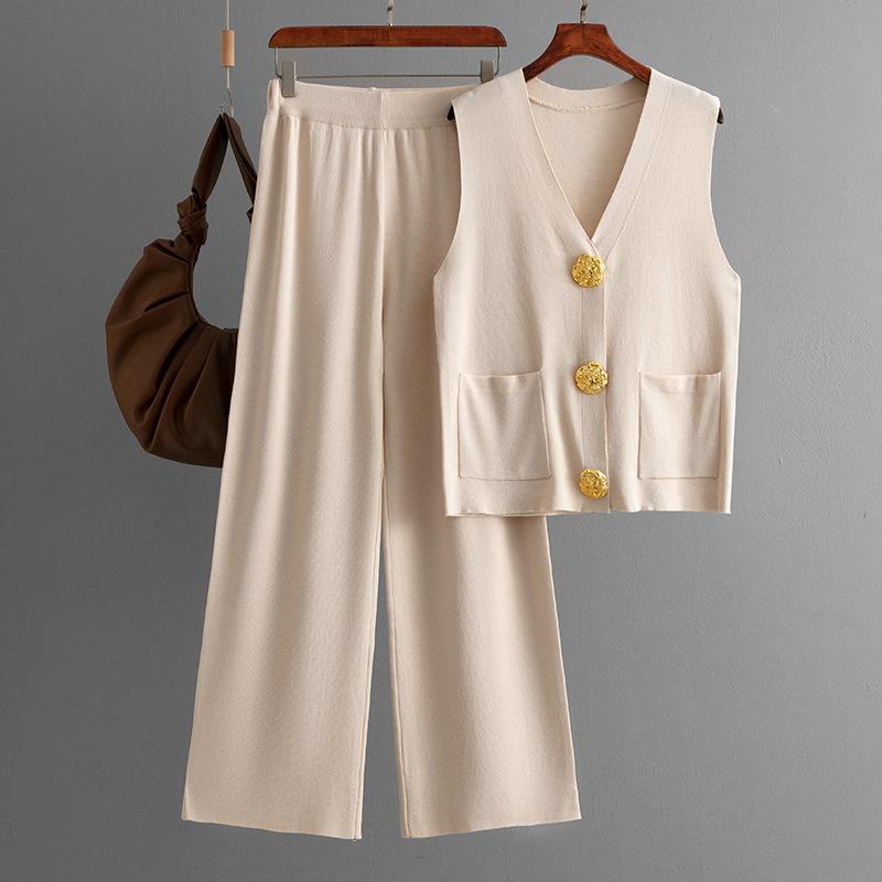 Fashion Suit Women's Summer New Sleeveless Button-knitted Top + Solid Color Casual Wide-leg Pants Two-piece Set