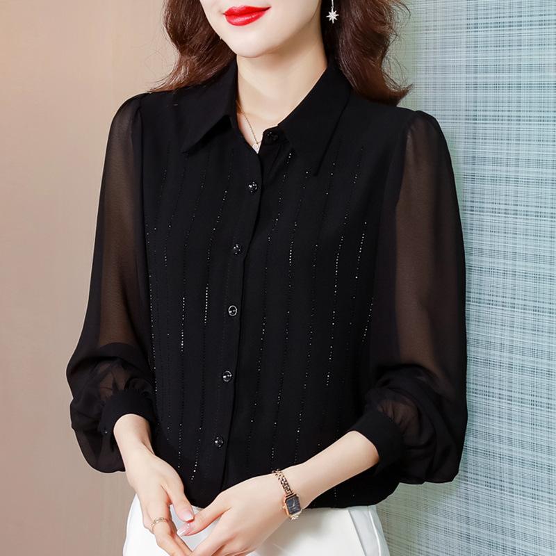Black Chiffon Shirt Women's Outfit Early Spring Autumn Winter New Fashionable Top Beautiful Shirt Long Sleeve Shirt